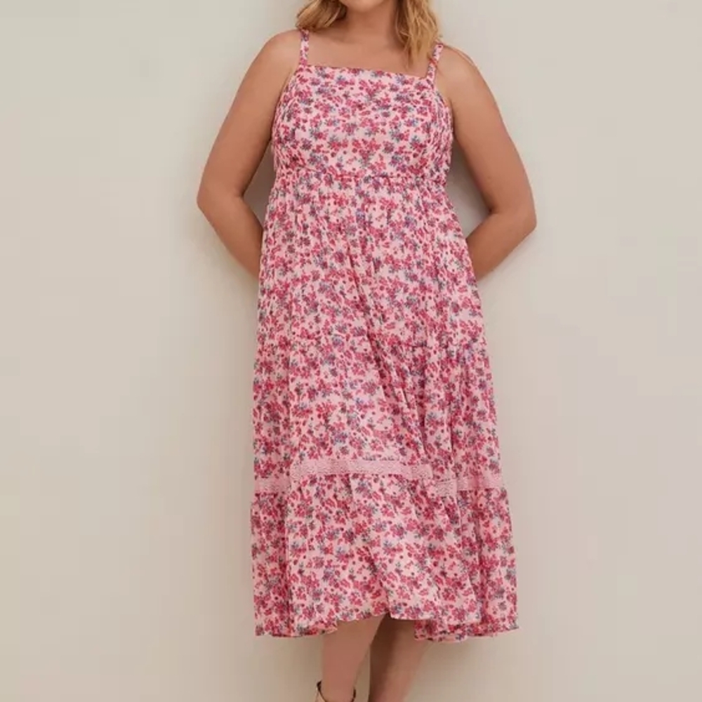 Torrid 3x Pink Floral Tiered Midi Sundress with Spaghetti Straps